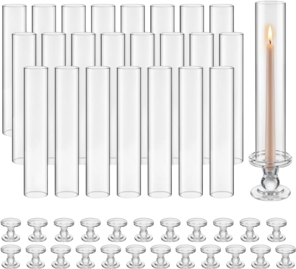 VEVOR Hurricane Candle Holders Set of 24, 12.6 in Tall Clear Glass Taper Candle Holders, High Borosilicate Glass, 2.36 in Cylinder for Wedding, Table Centerpiece, Party, Home Decor, Wind Protection
