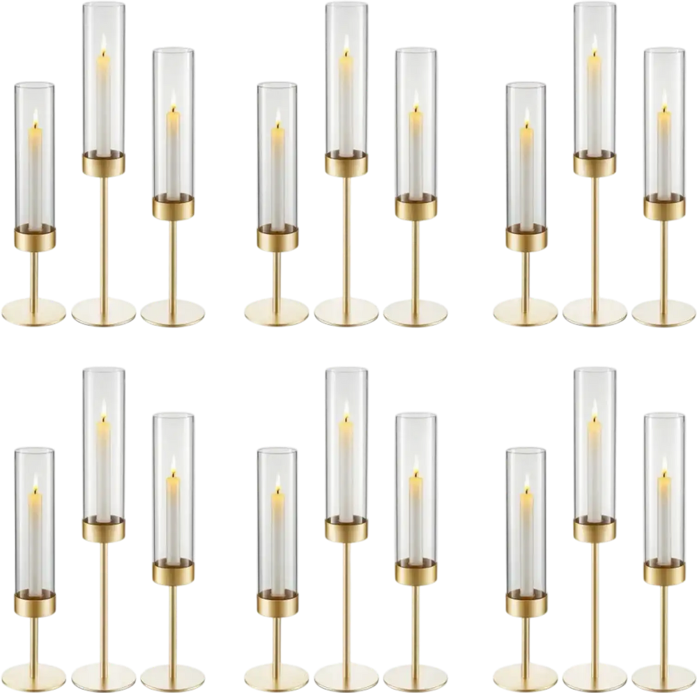 VEVOR Hurricane Candle Holders Set of 18, Gold Metal Stand with Clear Glass Cylinders, Elegant Tiered Centerpieces Wind Protection for Wedding, Table Centerpieces, Party, Home Decor, Modern Style