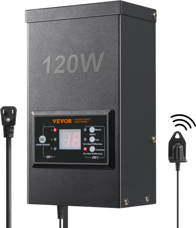 VEVOR 120W Low Voltage Landscape Transformer with Timer and Photocell Sensor, Waterproof Landscape Lighting Transformer, 120V AC to 12V AC for Outdoor, Spotlight, Pathway Light, Pool light, ETL