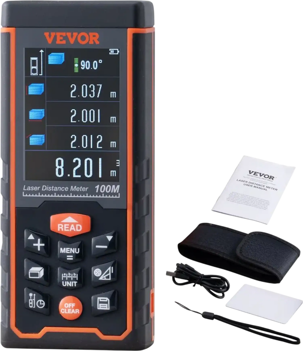 VEVOR Laser Measure, 328 ft, ±1/16'' Accuracy Laser Distance Measure with 100-Group Storage, ft/m/in/ft+in, 2.4'' Colorlit LCD Screen Laser Meter, Pythagorean Mode, Measure Distance, Area and Volume