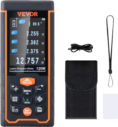 VEVOR Laser Measure, 400 ft, ±1/16'' Accuracy Laser Distance Measure with 100-Group Storage, ft/m/in/ft+in, 2.4'' Colorlit LCD Screen Laser Meter, Pythagorean Mode, Measure Distance, Area and Volume