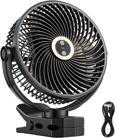 VEVOR Portable Clip Fan, Rechargeable Clip On Fan with Light, USB Port with 3 Speeds & Circulation Mode, Strong Airflow Sturdy Clamp, Long Runtime for Desk, Golf Cart,Outdoor Camping Treadmill,Black