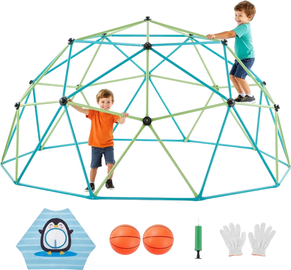 VEVOR Climbing Dome, 10FT Geometric Dome Climber for Kids, 1000LBS Loading Jungle Gym Playground with Octopus Net & 2 Basketballs, Easy-Assembly Outdoor Backyard Climbing Toys - Gift for Boys Girls