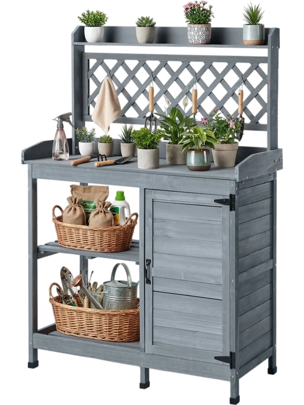 VEVOR Potting Bench Table, Outdoor Gardening Wooden Workstation with Storage Cabinet, Storage Shelves, 43 x 18 in Wood Tabletop, Garden Planting Work Station for Patio, Backyard, Balcony, Gray