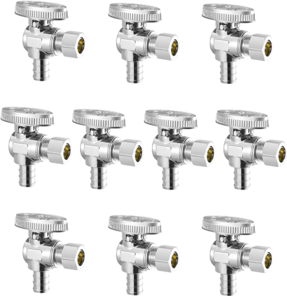 VEVOR 10 Pack Angle Stop Valve, Water Shut Off Valve 1/2" PEX x 3/8" OD Compression, 1/4 Turn Chrome Plated Brass Shutoff Valves for Bathroom Kitchen Toilet Shower Plumbing