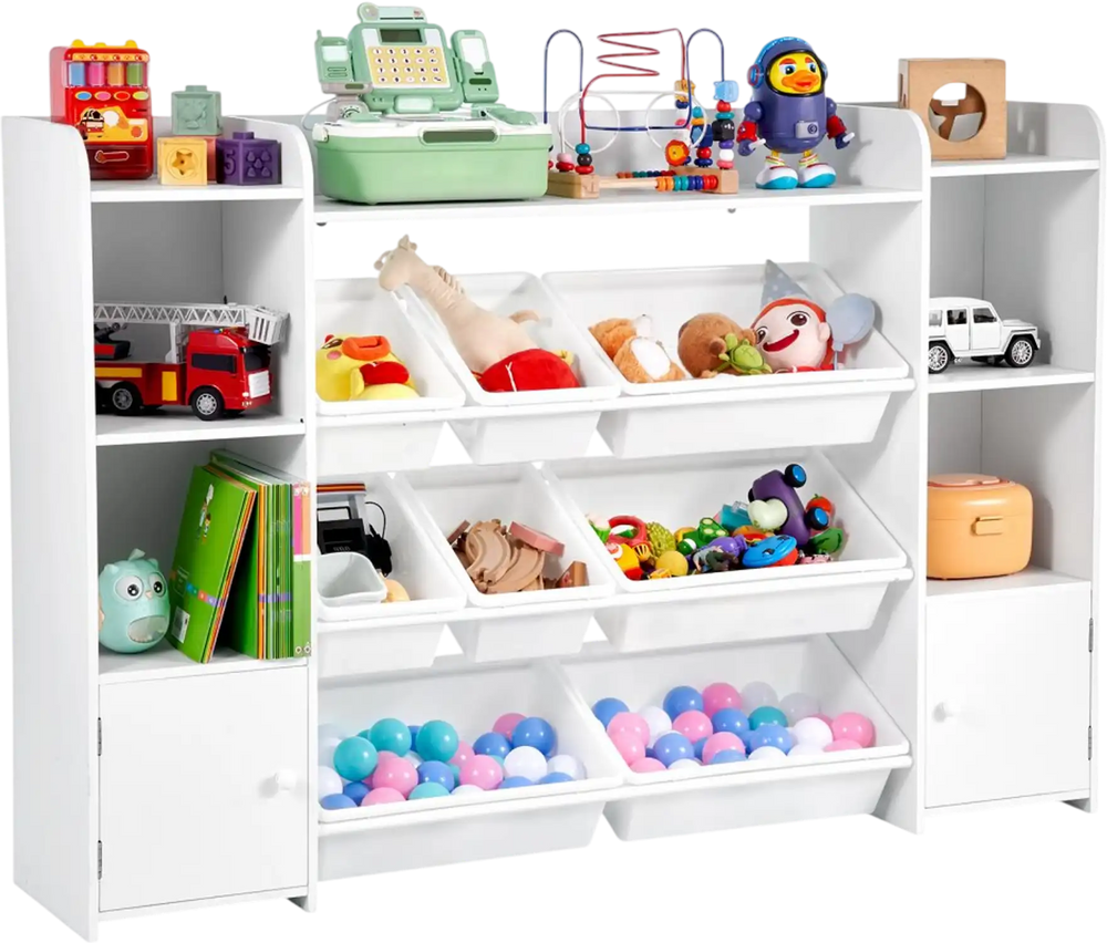 VEVOR Kids Toy Storage and Bookshelf, 4-Tier Large Toy Storage Organizer with 8 Flexible Plastic Bins, Kids Cubby Cabinet with Bookshelf for Study Room, Bedroom, Playroom, Classroom, Nursery, White