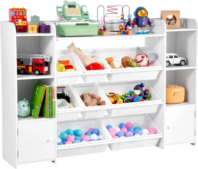 VEVOR Kids Toy Storage and Bookshelf, 4-Tier Large Toy Storage Organizer with 8 Flexible Plastic Bins, Kids Cubby Cabinet with Bookshelf for Study Room, Bedroom, Playroom, Classroom, Nursery, White