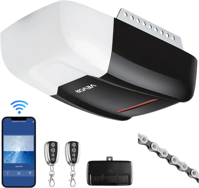 VEVOR Garage Door Opener 3/4 HP Heavy Duty Chain Drive WiFi Smart Opener, for Residential Garage, Includes Durable Rail, 3 Remotes, Smartphone App Control, Obstacle Sensor & LED Light, Black & White