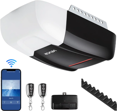 VEVOR Garage Door Opener 3/4 HP Ultra-Quiet Belt Drive WiFi Smart Opener, for Residential Garage, Includes Durable Rail, 3 Remotes, Smartphone App Control, Obstacle Sensor & LED Light, Black & White