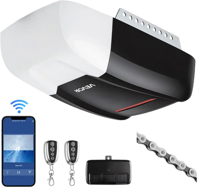 VEVOR Garage Door Opener 1/2 HP Heavy Duty Chain Drive WiFi Smart Opener, for Residential Garage, Includes Durable Rail, 3 Remotes, Smartphone App Control, Obstacle Sensor & LED Light, Black & White