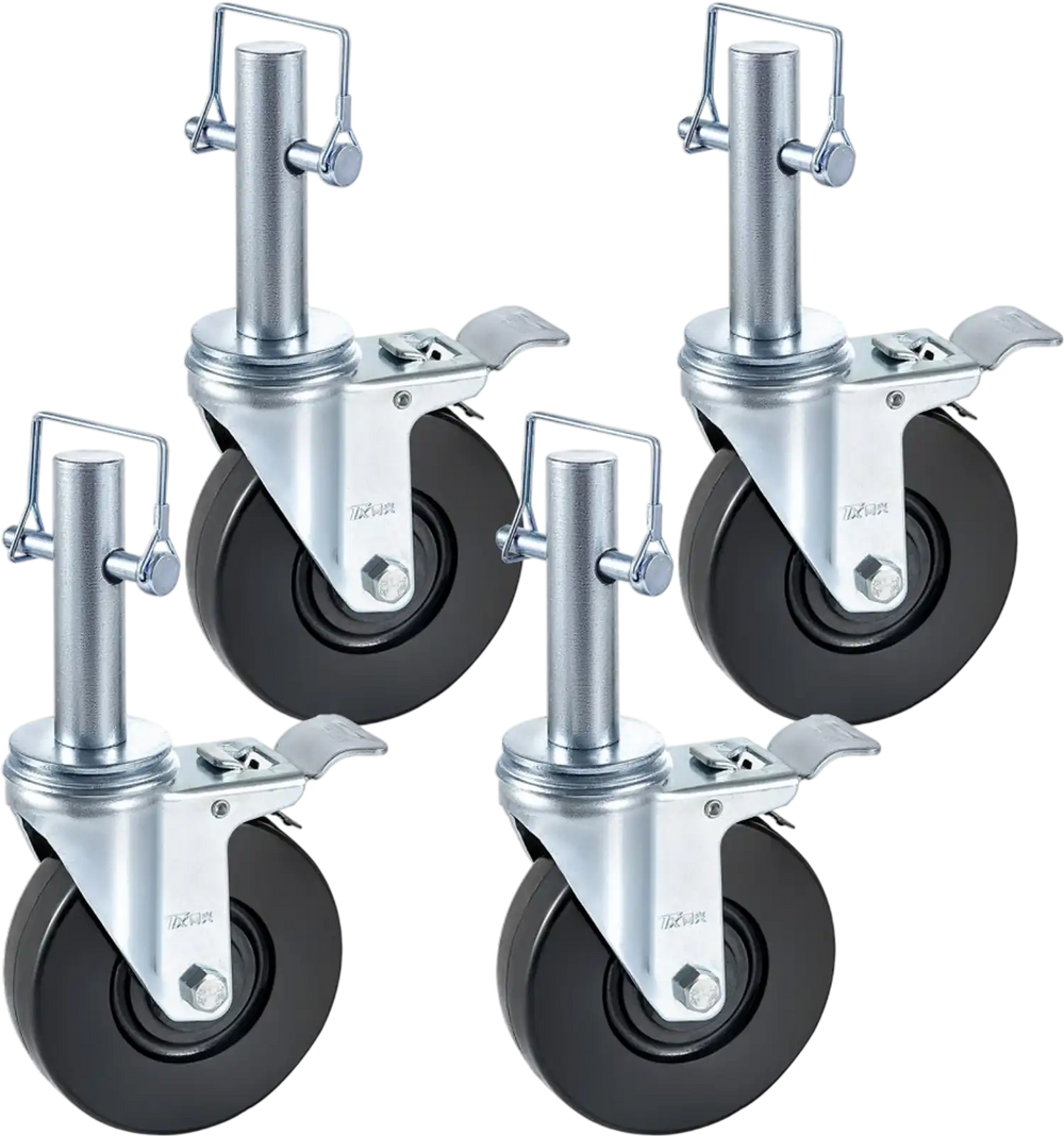 4 Pack 5" Heavy Duty Scaffolding Rubber Swivel Caster With Dual Locking 1" Solid Round Stem 280LBS Capacity Per Wheel
