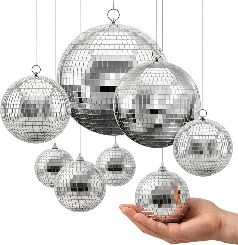 VEVOR Mirror Disco Ball 4" 6" 8" 12" 8-Pack Silver Balls with Hanging Ring, for Party Home Decoration Stage Props DJ Dance Club, 2 Mirror Tile Sizes, Reflects Light, Wedding Music and Birthday Decor
