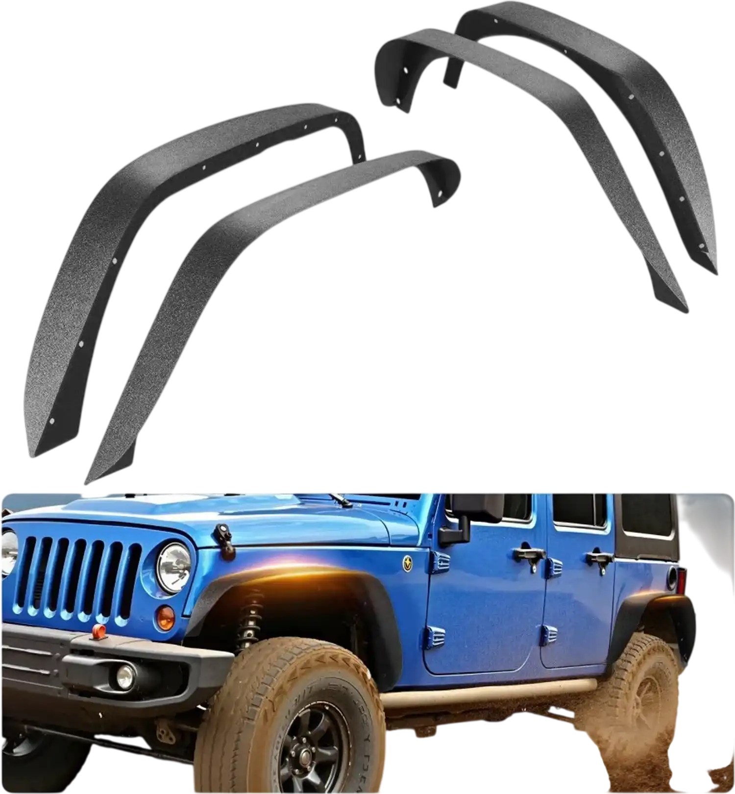 Vevor Fender Flares Front & Rear Fine-Textured Black Paintable Off-Road Steel Liner Set for 2007-2018 Jeep JK JKU New