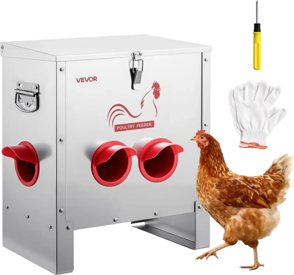 VEVOR Automatic Chicken Feeder, 25 lbs Capacity, 6 Feeding Ports No-Waste Poultry Feeder, Automatic Gravity, with Handle Latch Lid, Metal Construction, for Chickens Bantams Pheasants Poultry Coop