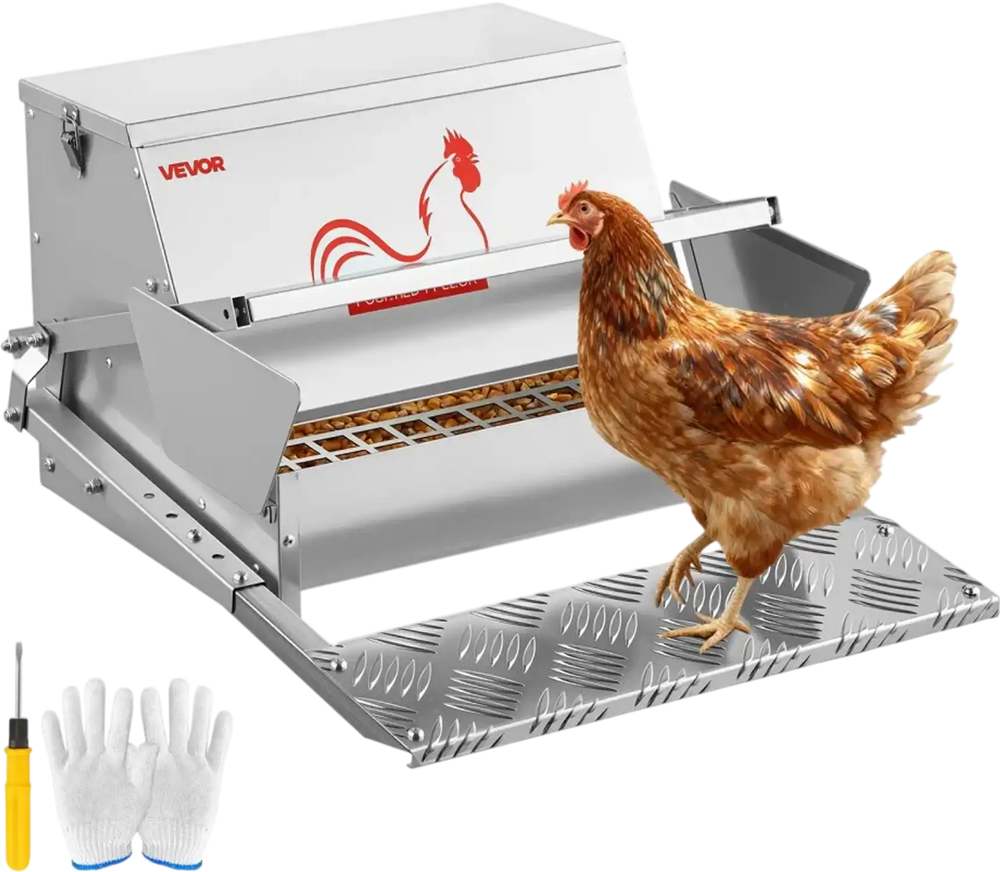 VEVOR Automatic Chicken Feeder, 25 lbs Capacity, Rainproof Treadle Poultry Feeder with Lockable Lid, No Waste, Galvanized Steel Construction, Outdoor Use, for Chicken, Bantams, Poultry, Pheasants