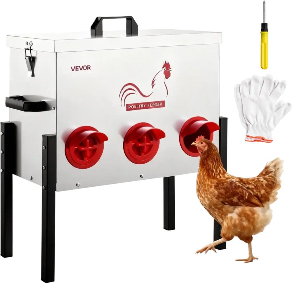 VEVOR Automatic Chicken Feeder, 30 lbs Capacity, 6 Feeding Ports No-Waste Poultry Feeder, Automatic Gravity, with Adjustable Height & Locking Lid, Metal Construction, for Chickens Bantams Pheasants