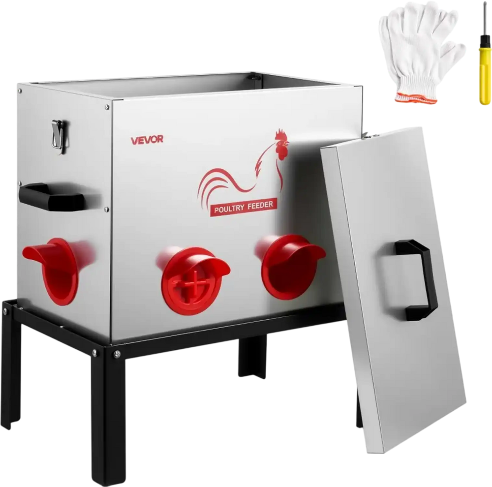 VEVOR Automatic Chicken Feeder, 40 lbs Capacity, 6 Feeding Ports No-Waste Poultry Feeder with Built-In Divider, with Latch & Handle, Metal Construction, for Chickens Bantams Pheasants Poultry Coop