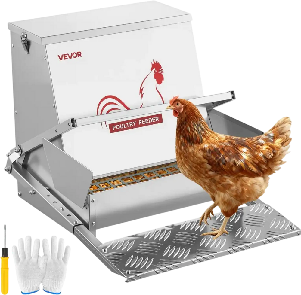 VEVOR Automatic Chicken Feeder, 40 lbs Capacity, Rainproof Treadle Poultry Feeder with Lockable Lid, No Waste, Galvanized Steel Construction, Outdoor Use, for Chicken, Bantams, Poultry, Pheasants
