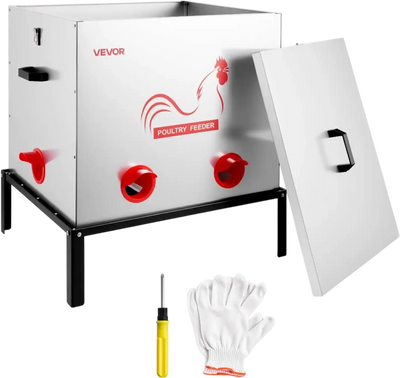 VEVOR Automatic Chicken Feeder, 85 lbs Capacity, 6 Feeding Ports No-Waste Poultry Feeder with Built-In Divider, with Latch & Handle, Metal Construction, for Chickens Bantams Pheasants Poultry Coop