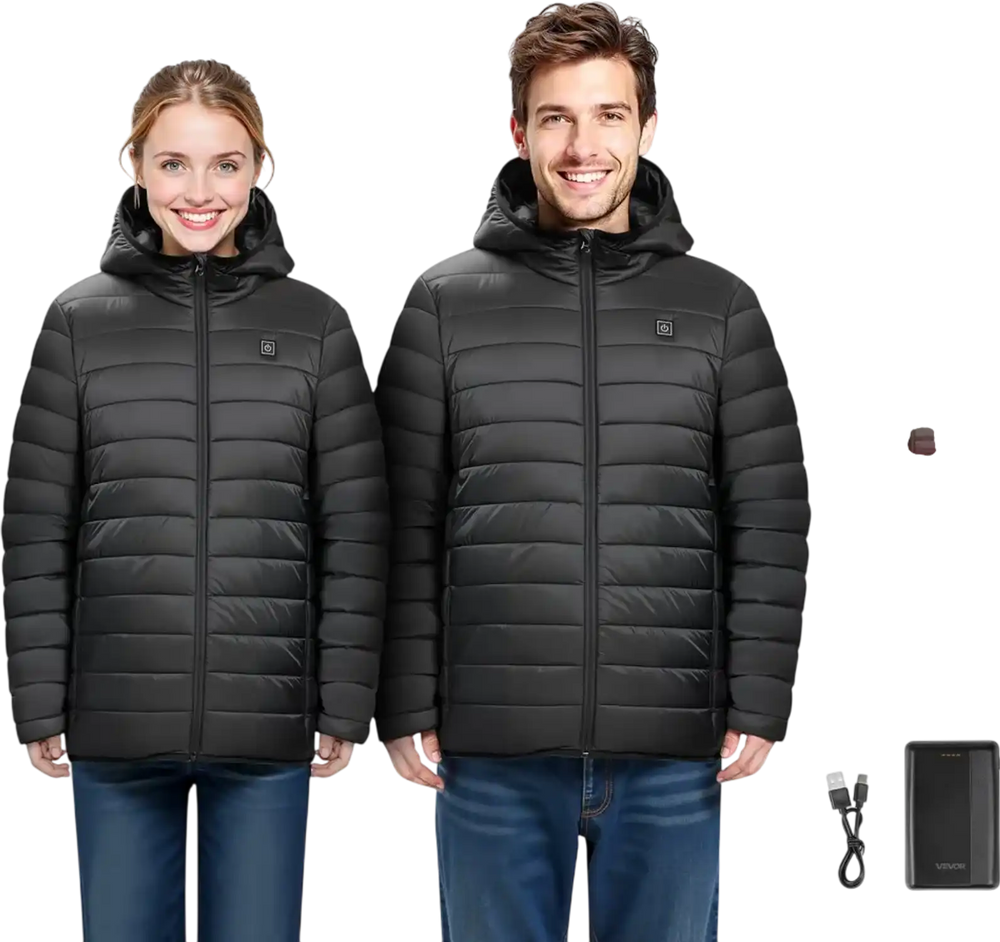 VEVOR Heated Jacket for Men with 7.4V Battery, Soft Shell Electric Heating Coat, Windproof Lightweight Outerwear with 6 Heating Zones & 3 Heat Settings for Hiking, Outdoor Work, Black, L Size