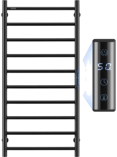 VEVOR 10 Bars Towel Warmer Rack, 120V Wall Mounted Heated Towel Rack for Bathroom, IPX5 Waterpoof Towel Heater Rack with Timer & LED Display Screen, 5 Levels Adjustable Temperature Towel Heater, Black