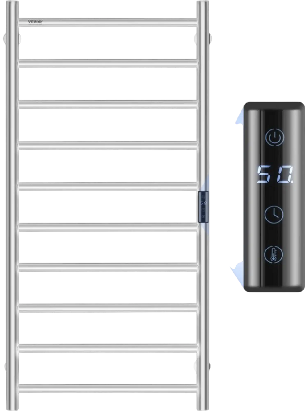 VEVOR 10 Bars Towel Warmer Rack, Wall Mounted Heated Towel Rack for Bathroom, IPX5 Waterpoof Towel Heater Rack with Timer & LED Display Screen, 5 Levels Adjustable Temperature Towel Heater, Silver