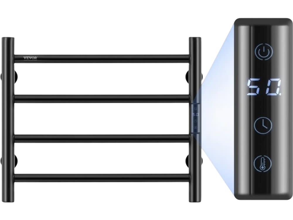 VEVOR 4 Bars Towel Warmer Rack, Wall Mounted Heated Towel Rack for Bathroom, IPX5 Waterpoof Towel Heater Rack with Timer & LED Display Screen, 5 Levels Adjustable Temperature Towel Heater, Black