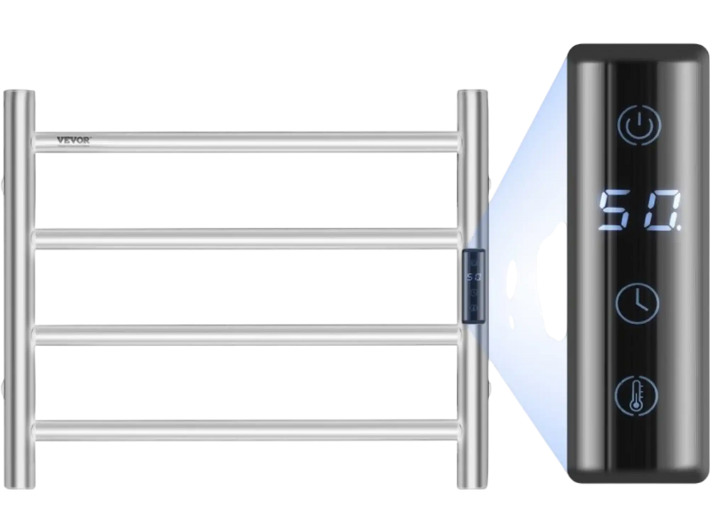 VEVOR 4 Bars Towel Warmer Rack, Wall Mounted Heated Towel Rack for Bathroom, IPX5 Waterpoof Towel Heater Rack with Timer & LED Display Screen, 5 Levels Adjustable Temperature Towel Heater, Silver