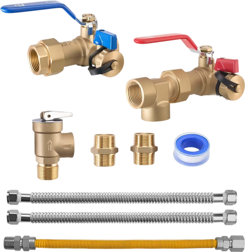 VEVOR Water Heater Kit, 3/4 Inch Cold & Hot Water Plumbing Repair Kit with 600 WOG Isolation Valves, Pressure Relief Valve, Dual-Layer Gas Hose, Compatible with Most Tankless Waters Heater Brands