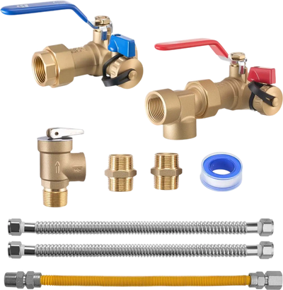 VEVOR Water Heater Kit, 3/4 Inch Cold & Hot Water Plumbing Repair Kit with 600 WOG Isolation Valves, Pressure Relief Valve, Dual-Layer Gas Hose, Compatible with Most Tankless Waters Heater Brands