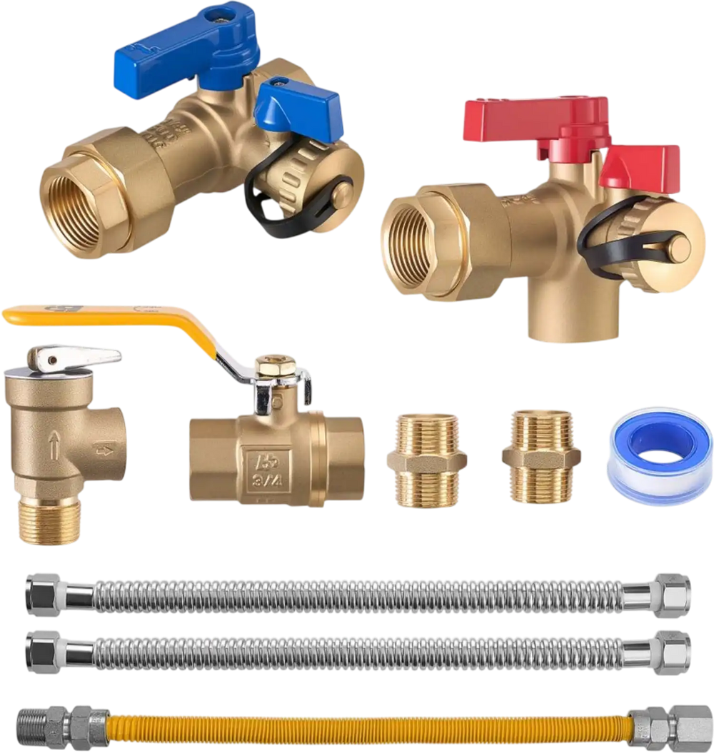 VEVOR Water Heater Kit, 3/4 Inch Cold & Hot Water Plumbing Repair Kit with 600 WOG Isolation Valves, Pressure Relief Valve, Ball Valve, Gas Hose, Compatible with Most Tankless Waters Heater Brands