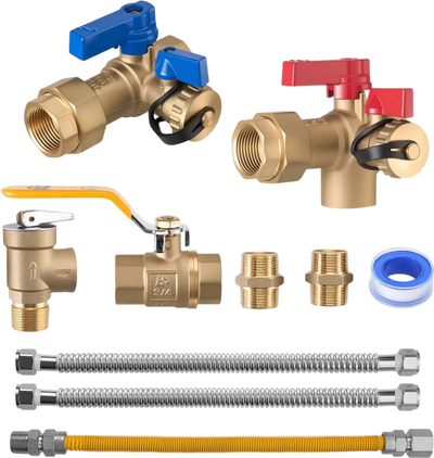 VEVOR Water Heater Kit, 3/4 Inch Cold & Hot Water Plumbing Repair Kit with 600 WOG Isolation Valves, Pressure Relief Valve, Ball Valve, Gas Hose, Compatible with Most Tankless Waters Heater Brands