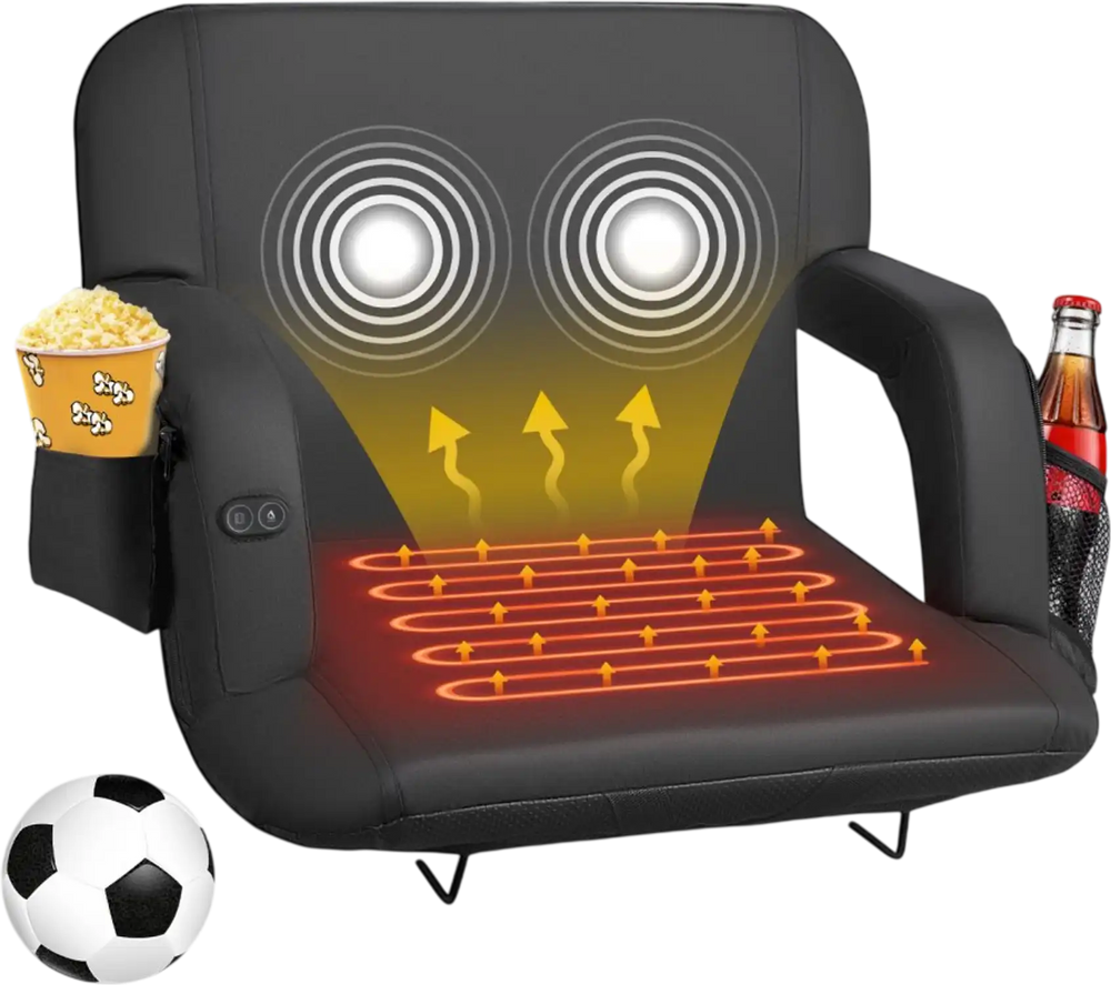VEVOR Stadium Seat, 25 inch Heated Stadium Chair, Bleacher Seat Heated with 4 Pockets for Bleachers, 3 Level Heating & 6 Modes Vibration Portable Heating Stadiums Chair for Camping, Sports Events