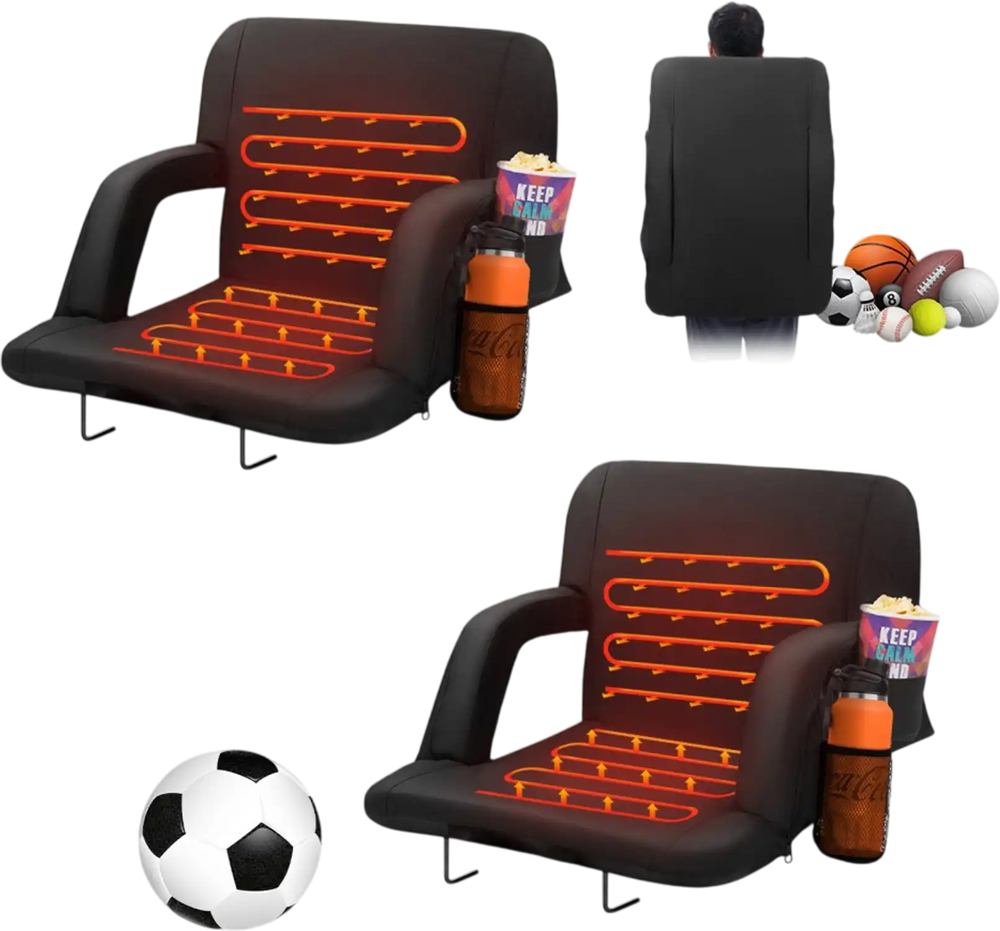 VEVOR Double Heated Stadium Seat with Back Support, 3 Level Heating Wide Bleacher Seat, Folding Portable Padded Reclining Chair with Hook Pocket Cupholder, Ideal for Sport Event Beach Concert (2 Set)