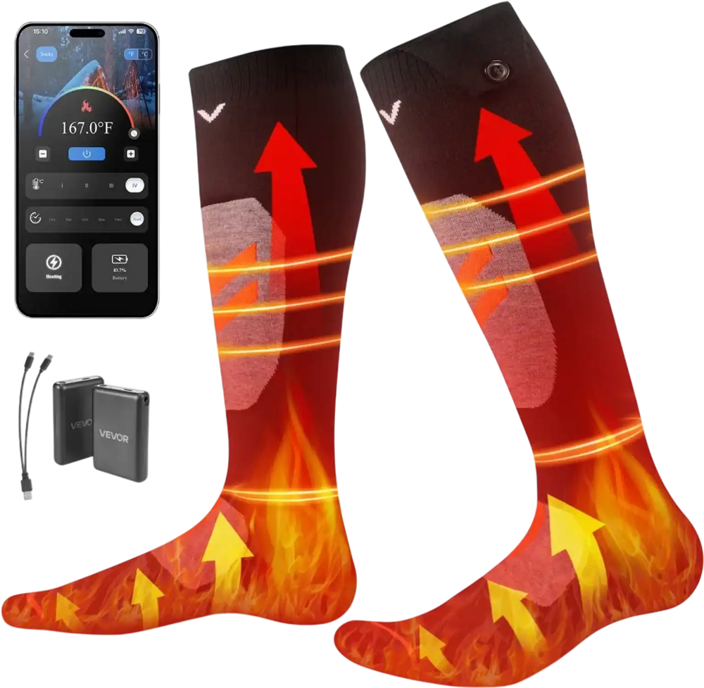 VEVOR Heated Socks, 5000mAh Battery Powered, Rechargeable Heating Socks with 4 Heating Levels, Electric Heated Sock with APP Control for Men Women, Foot Warmer for Hunting Riding Camping Hiking