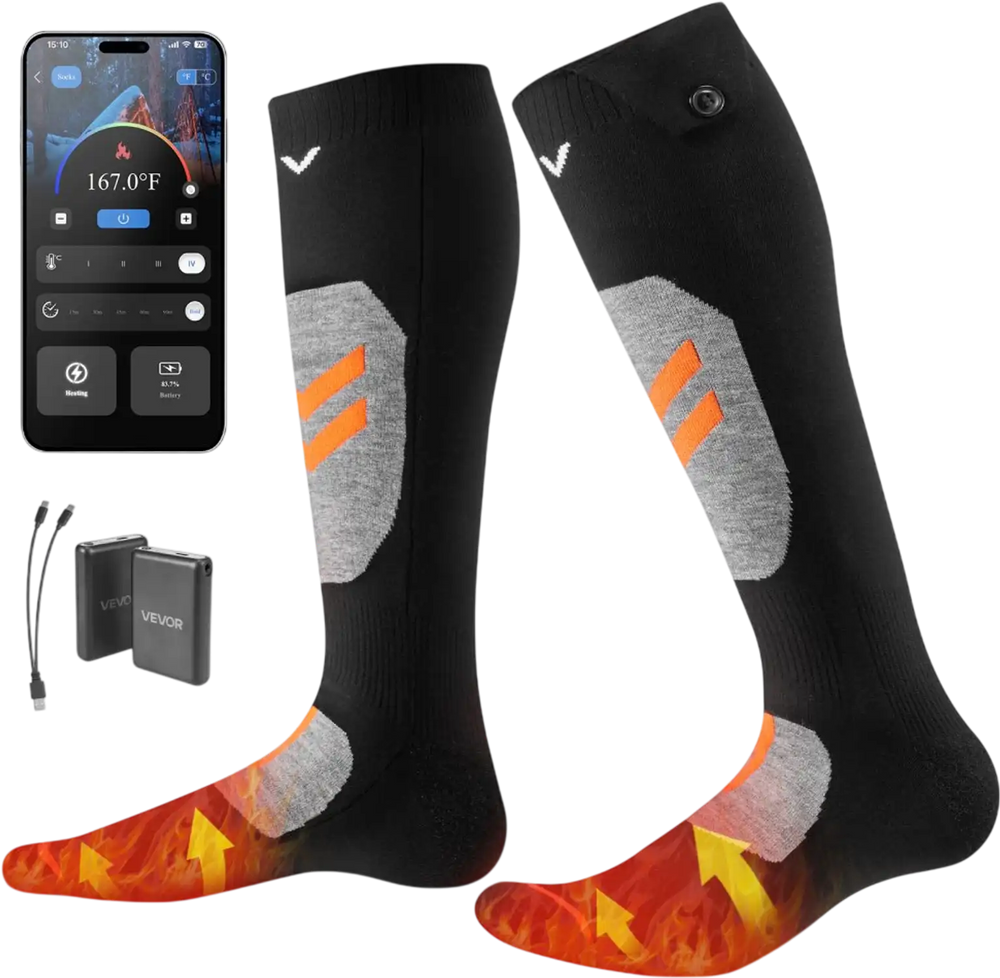VEVOR Heated Socks, X-Large Size, 5000mAh Battery Rechargeable Heating Socks with 4 Heating Levels, Electric Heated Sock with APP Control for Men Women, Foot Warmer for Hunting Riding Camping Hiking