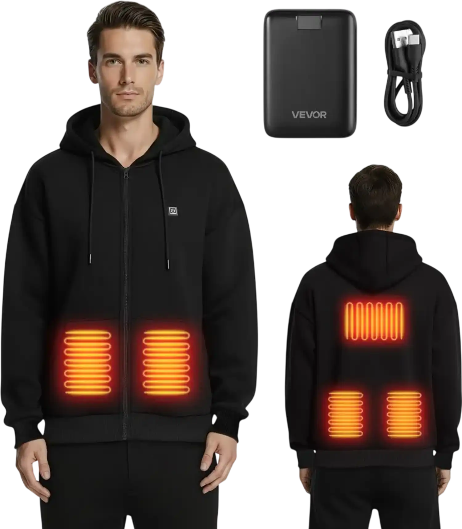 Vevor Heated Sweatshirt Unisex Full-Zip Hoodie with 5 Heating Zones Black XL New
