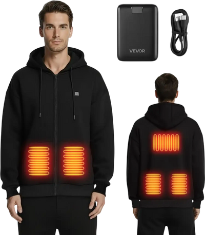 VEVOR Heated Jacket Hoodie for Men Women, Heated Sweatshirt Unisex Full-Zip with 7.4V 16000mAh Power Bank Pack, 5 Heating Zones, 3 Temp Levels, 4-8H Warmth, for Winter Outdoor Camping, Black, XL Size