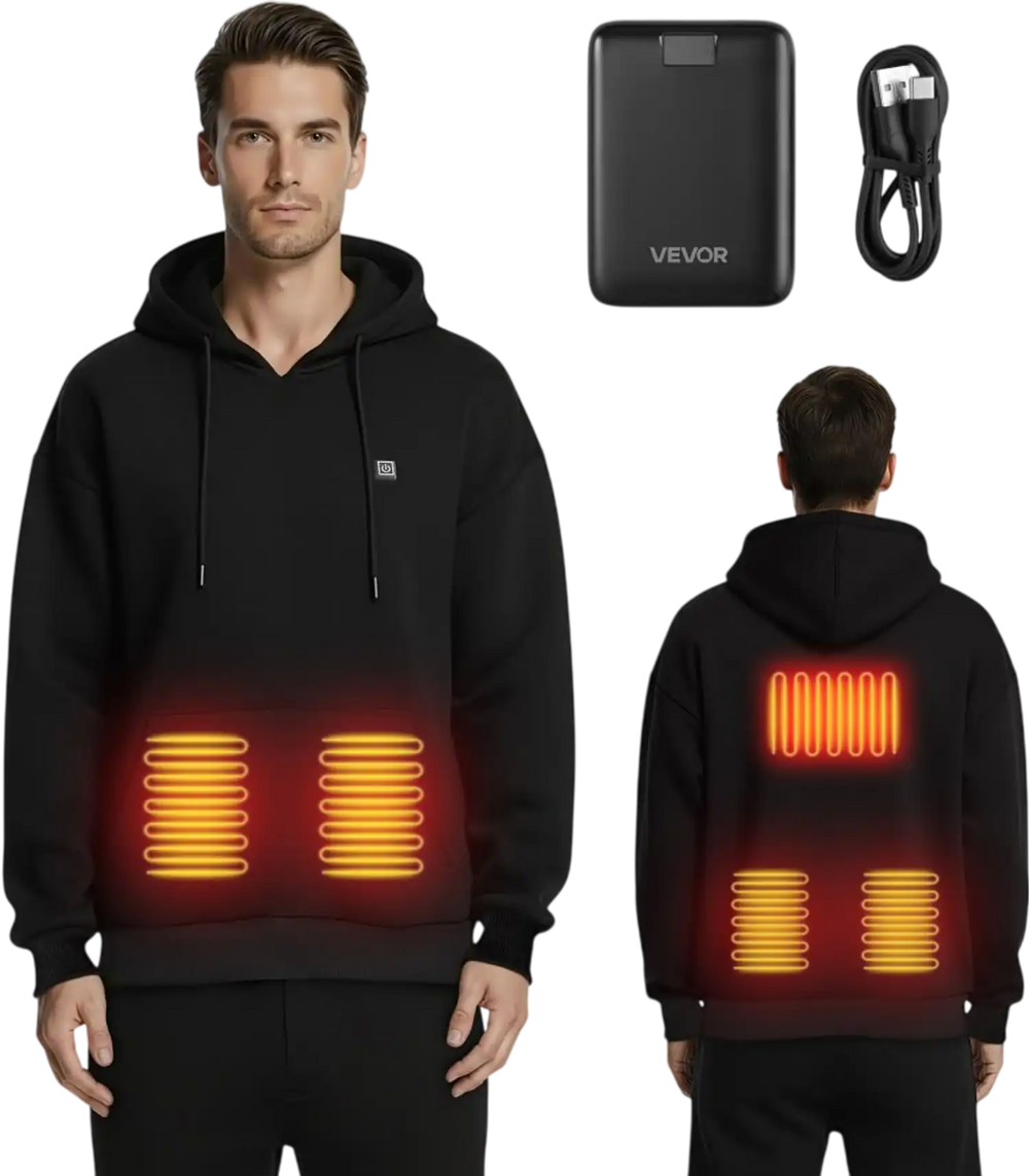 VEVOR Heated Sweatshirt Hoodie for Men Women, Heated Jacket Unisex with 7.4V 16000mAh Rechargeable Power Bank Pack, 5 Heating Zones, 3 Temp Levels, 4-8H Warmth, for Winter Outdoor Camping, Black, XXXL Size