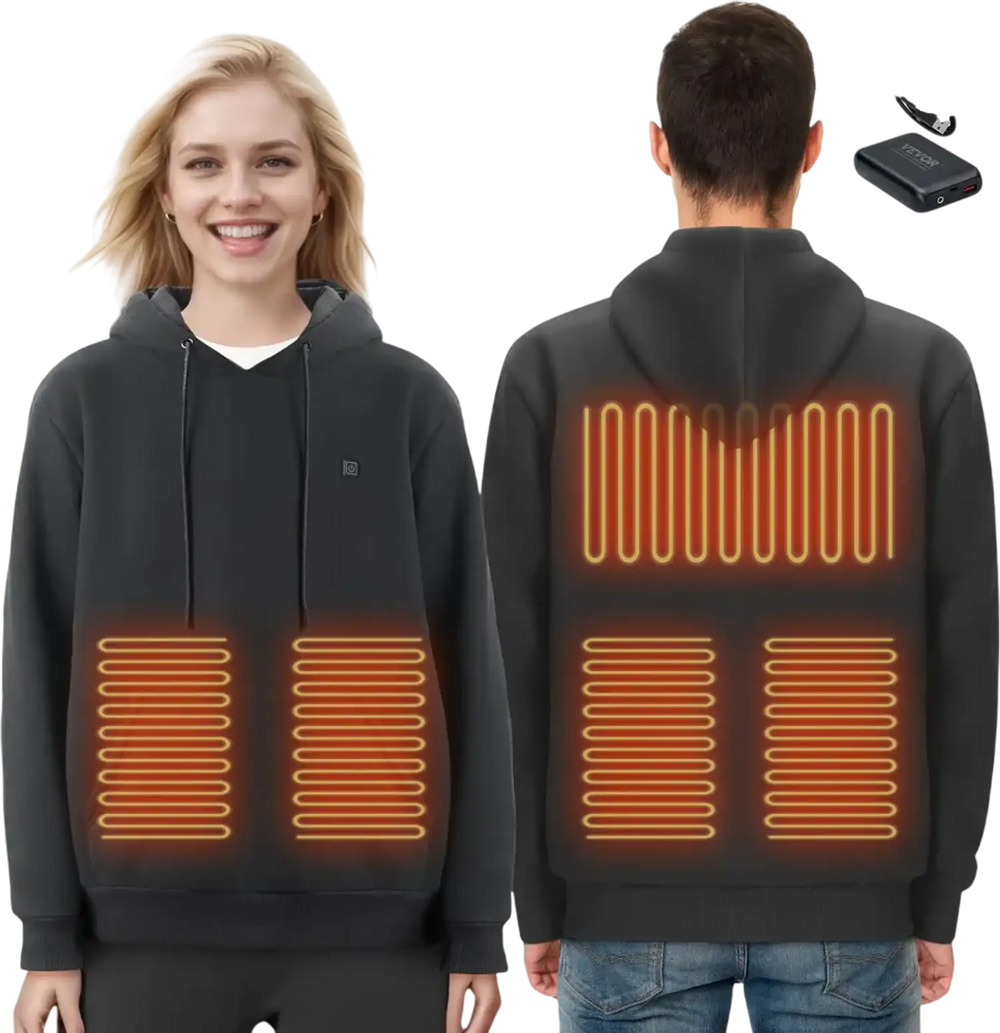 VEVOR Heated Hoodie, Unisex Heated Sweatshirt with Battery Pack 7.4V, Electric Jacket with 5 Heating Zones for Men & Women, Lightweight Warm Heated Outdoor Pullover for Fishing Camping, S Size Black