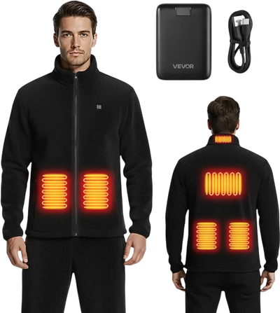VEVOR Heated Fleece Jacket for Men, Heated Sweatshirt with 7.4V 16000mAh Rechargeable Power Bank Pack, 6 Heating Zones, 3 Temp Levels, 3h/6h/10h Warmth, for Winter Outdoor Camping, Black, L Size