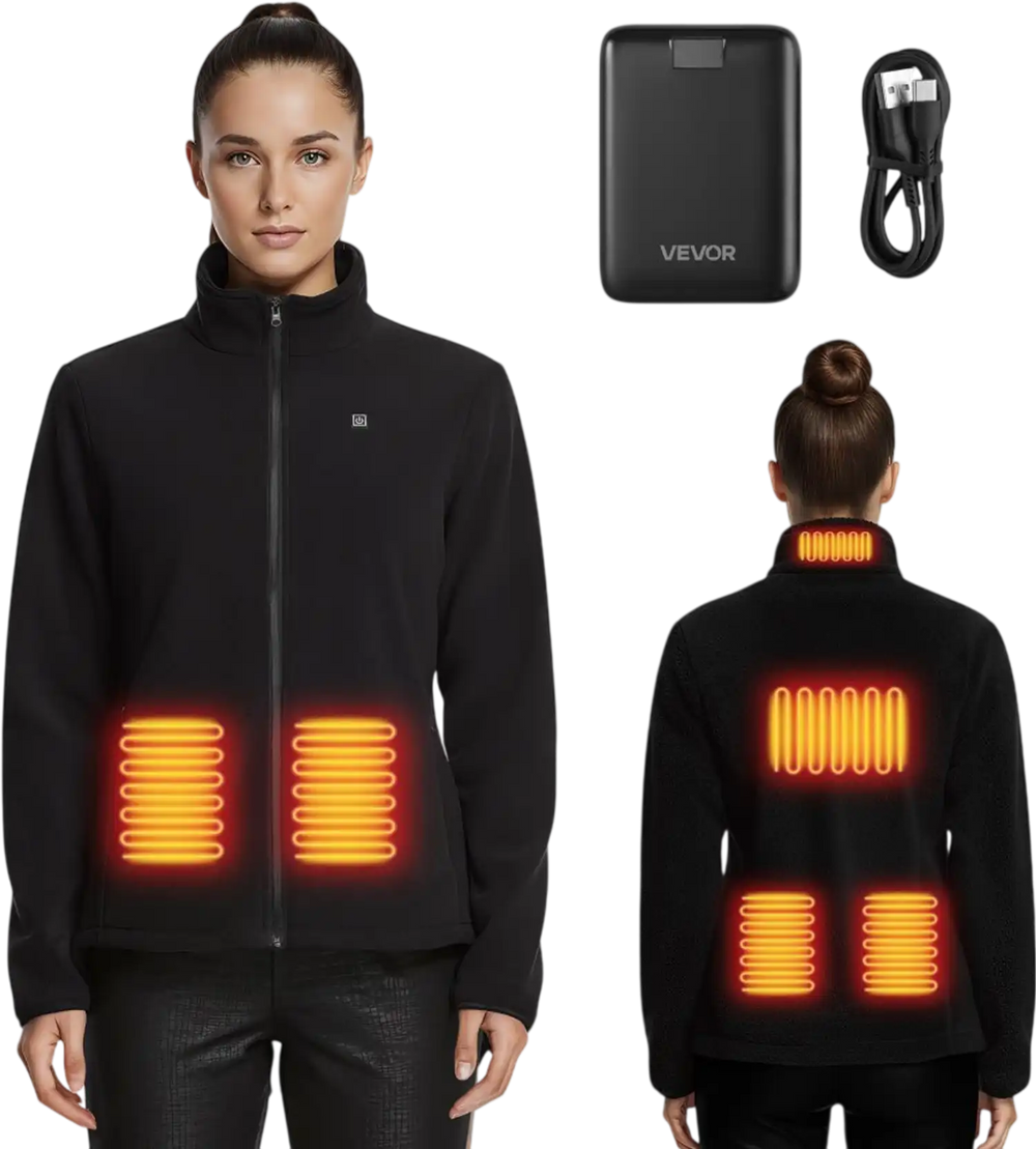 VEVOR Heated Fleece Jacket for Women, Heated Sweatshirt with 7.4V 16000mAh Rechargeable Power Bank Pack, 6 Heating Zones, 3 Temp Levels, 3h/6h/10h Warmth, for Winter Outdoor Camping, Black, M Size