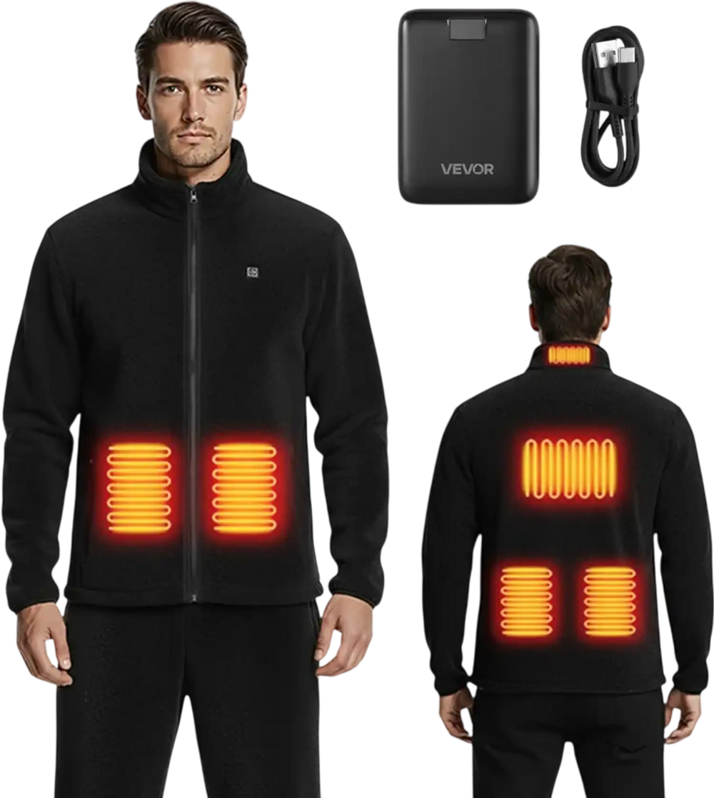 VEVOR Heated Fleece Jacket for Men, Heated Sweatshirt with 7.4V 16000mAh Rechargeable Power Bank Pack, 6 Heating Zones, 3 Temp Levels, 3h/6h/10h Warmth, for Winter Outdoor Camping, Black, M Size