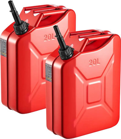 Newly Upgraded Oil-Tight！VEVOR Metal Fuel Container, 5.3 Gallon, Fuel Jerry Can with Spout and Comfort Handle, 6 L/min Max Flow Rate, Leakproof & Corrosion-resistant Metal Gas Tank Most Cars Motorcycle ATV UTV, Red, 2 Packs