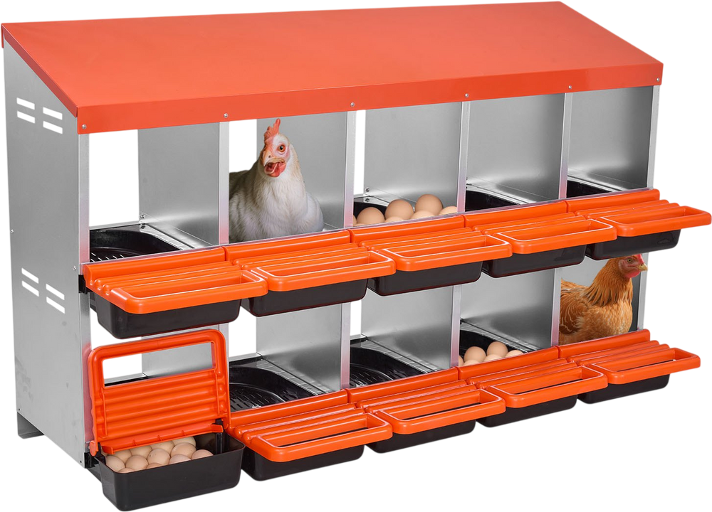 VEVOR 2 Tiers Chicken Nesting Boxes, 10 Compartments, Metal Egg Laying Boxes with Protective Collection Lids, Roll Out Nesting Box, Easy to Assemble, Ideal for Hens, Ducks, Chickens, and Other Poultry