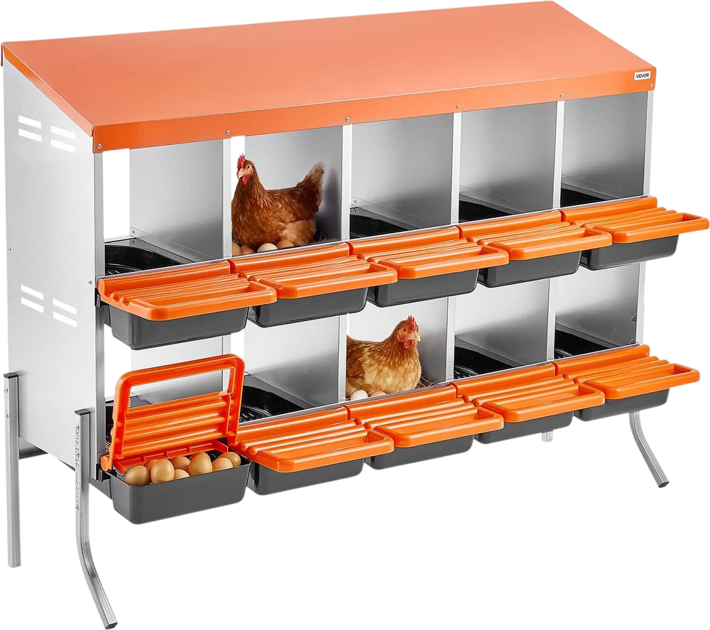 VEVOR Chicken Nesting Boxes, 10 Compartments, with Support Legs, Easy Egg Collection, Galvanized Steel and High-Strength Plastic, Roll Away Nesting Boxes for Chickens and Hens Laying Eggs, Orange