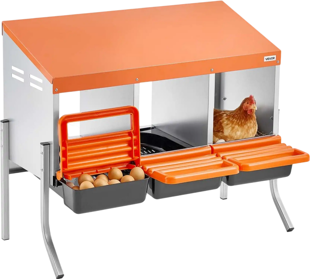 VEVOR Chicken Nesting Boxes, 3 Compartments, with Support Legs, Easy Egg Collection, Galvanized Steel and High-Strength Plastic, Roll Away Nesting Boxes for Chickens and Hens Laying Eggs, Orange