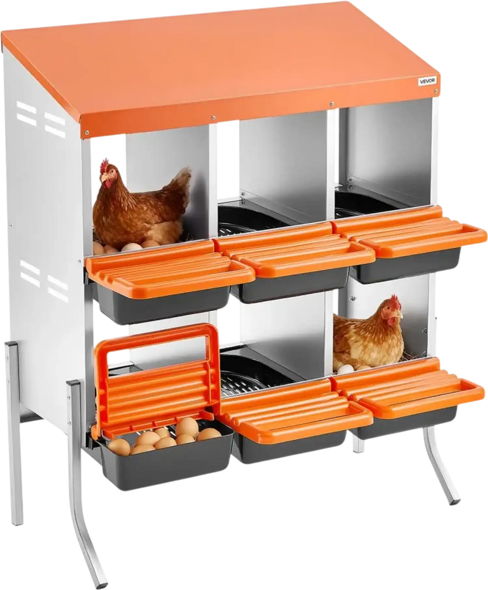 VEVOR Chicken Nesting Boxes, 6 Compartments, with Support Legs, Easy Egg Collection, Galvanized Steel and High-Strength Plastic, Roll Away Nesting Boxes for Chickens and Hens Laying Eggs, Orange