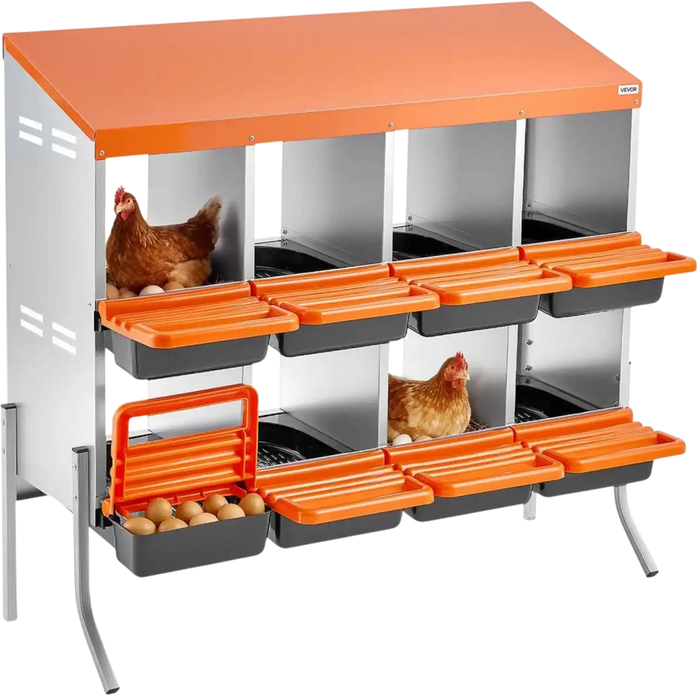 VEVOR Chicken Nesting Boxes, 8 Compartments, with Support Legs, Easy Egg Collection, Galvanized Steel and High-Strength Plastic, Roll Away Nesting Boxes for Chickens and Hens Laying Eggs, Orange