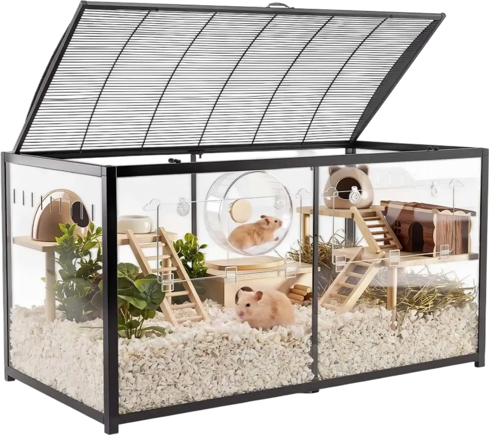 VEVOR Hamster Cage 47.2"x23.6"x25.4" 360° Viewing Metal Hamster Habitat, Transparent Small Animal Cage with Top Access & Front Door, Large Portable Pet House for Guinea Pig, Gerbil (7.7 ft², Black)